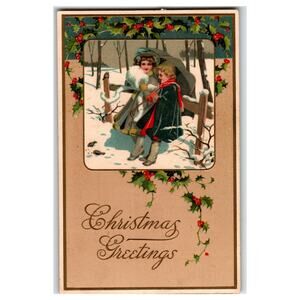 Vintage 1910 Embossed Christmas Greetings Postcard with Winter Scene